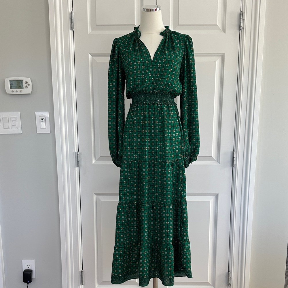 Max Studio Green Smocked Long Sleeve Midi Christmas Dress Size XS